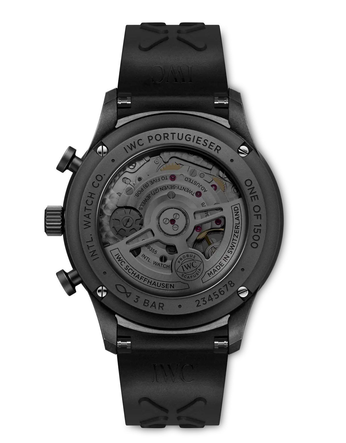 Black IWC Portgugieçer watch with detailed face on a white background