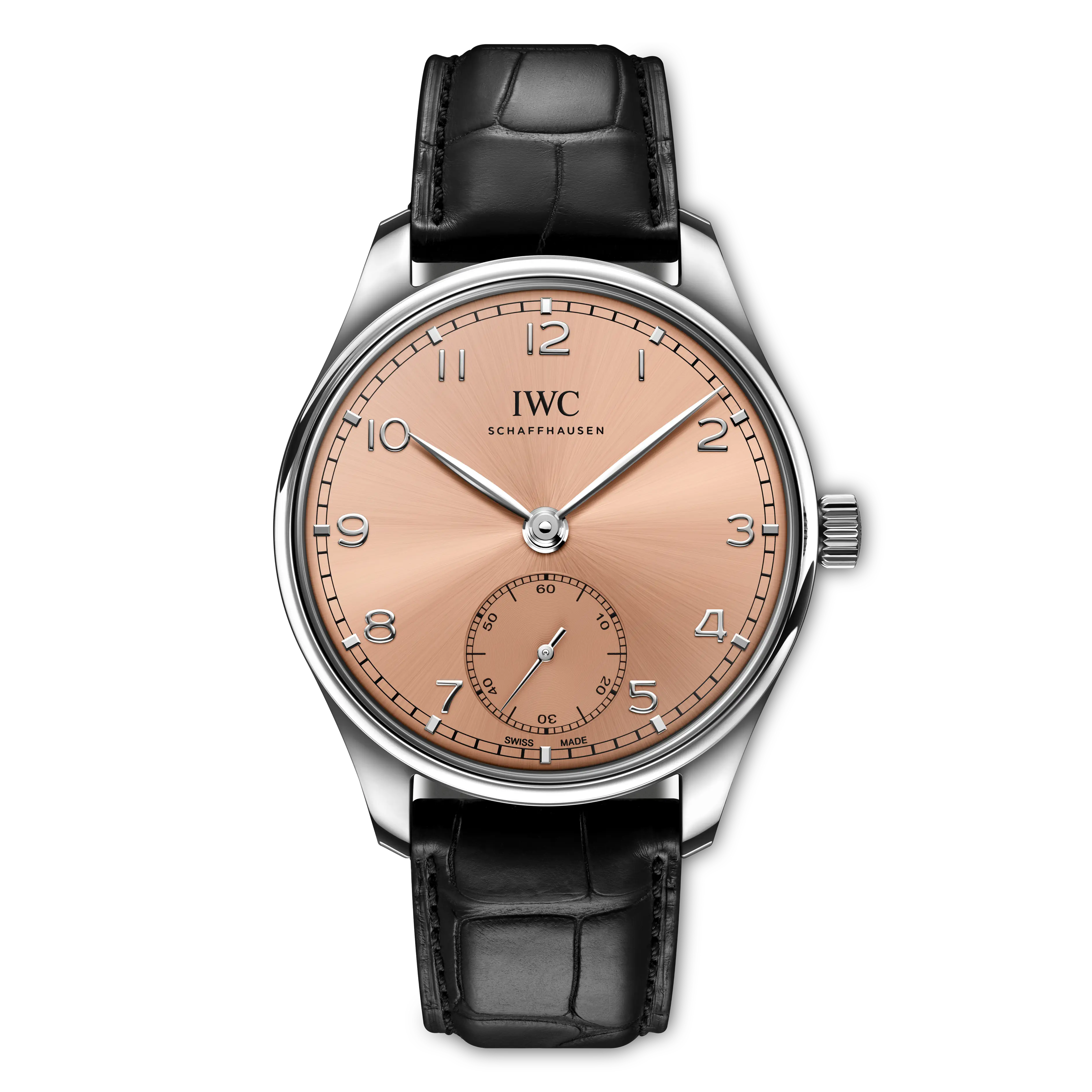 IWC watch with a black leather strap and rose gold dial on a white background