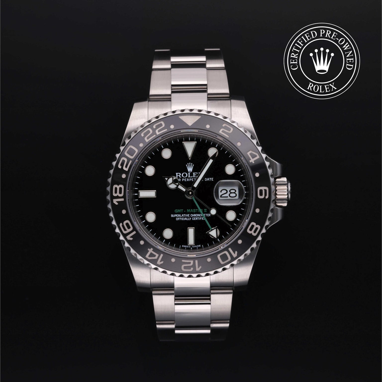 Rolex Certified Pre-owned GMT M116710LN-0001 front on black background