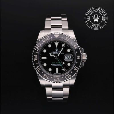 Rolex Certified Pre-owned GMT M116710LN-0001 front on black background