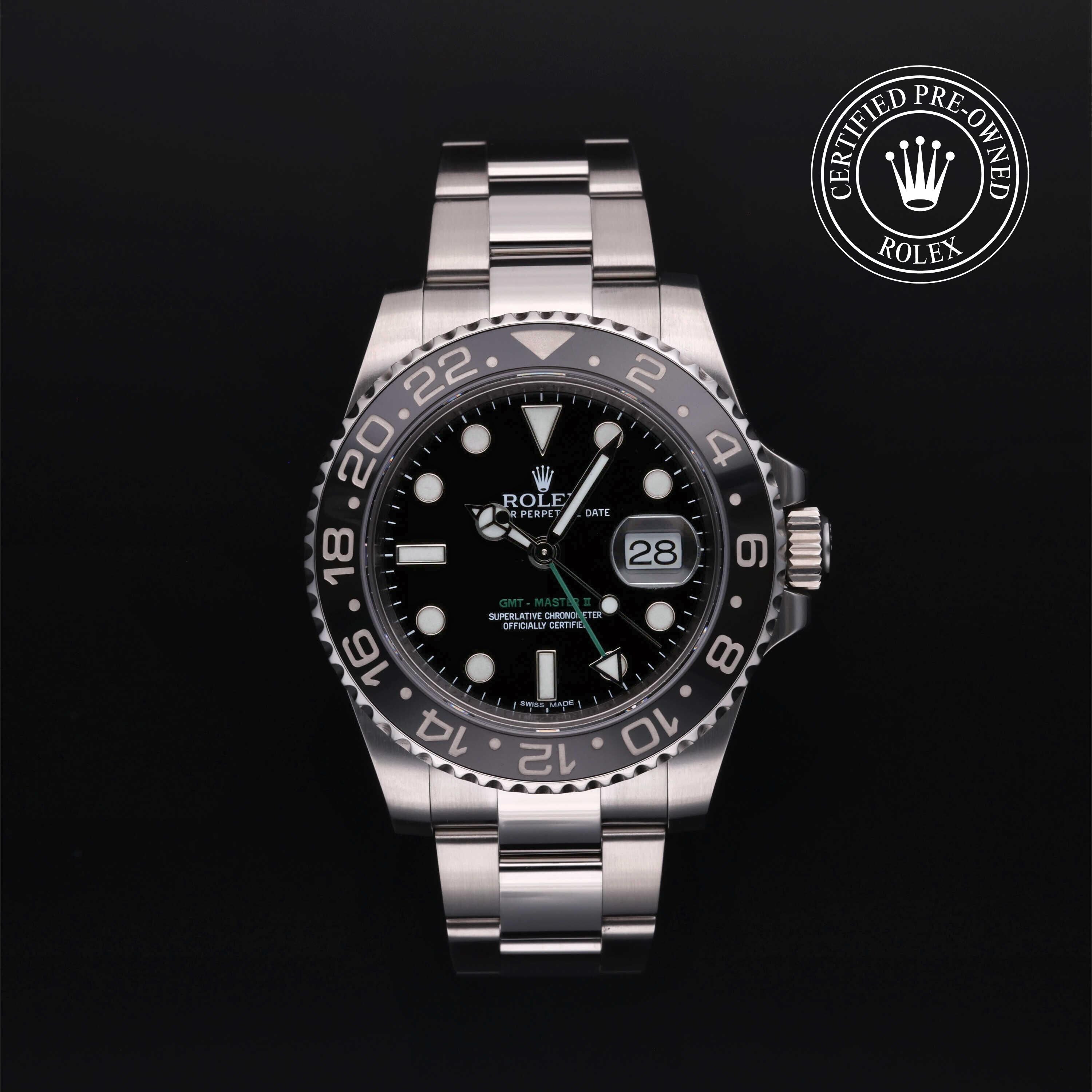 Rolex Certified Pre-owned GMT M116710LN-0001 front on black background