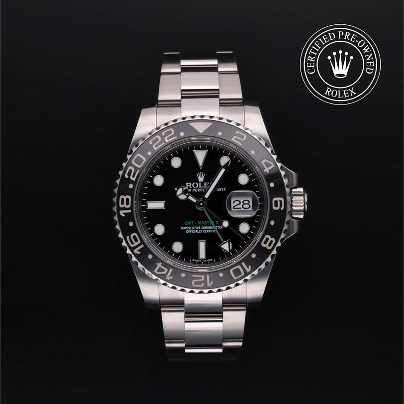 Rolex Certified Pre-owned GMT M116710LN-0001 front on black background