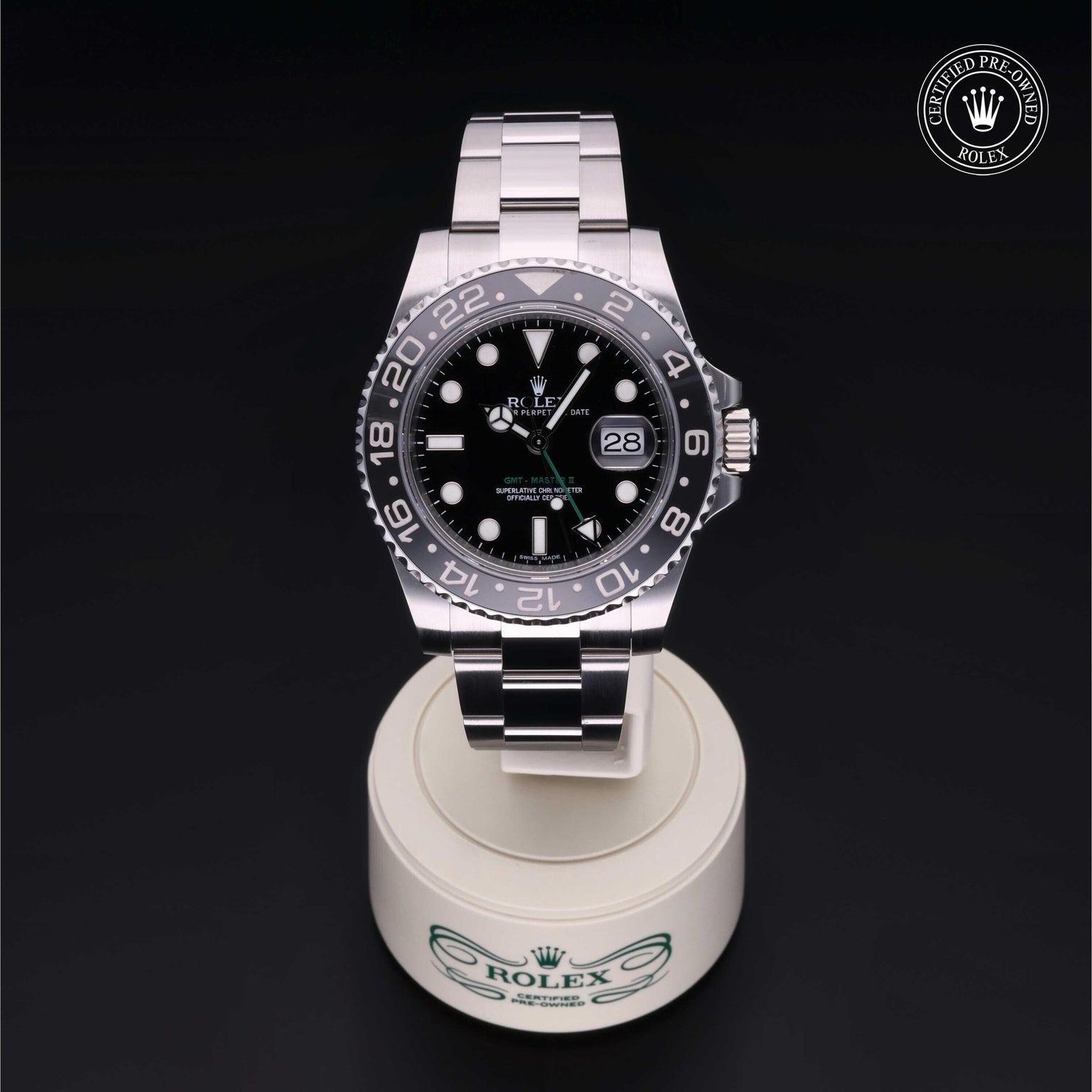 Rolex Certified Pre-owned GMT M116710LN-0001 front on black background