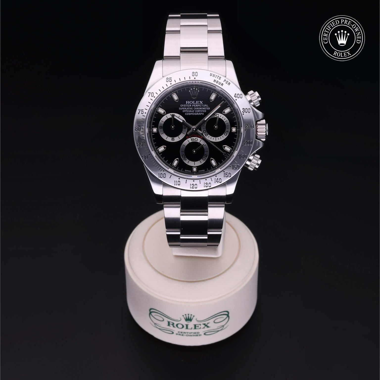 Rolex Certified Pre-owned Daytona M116520-0015 front on black background