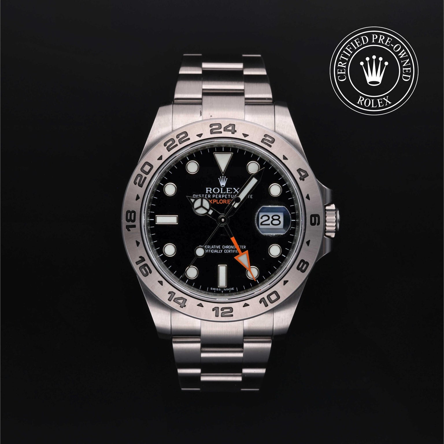 Rolex Certified Pre-owned Explorer M216570-0002 front on black background