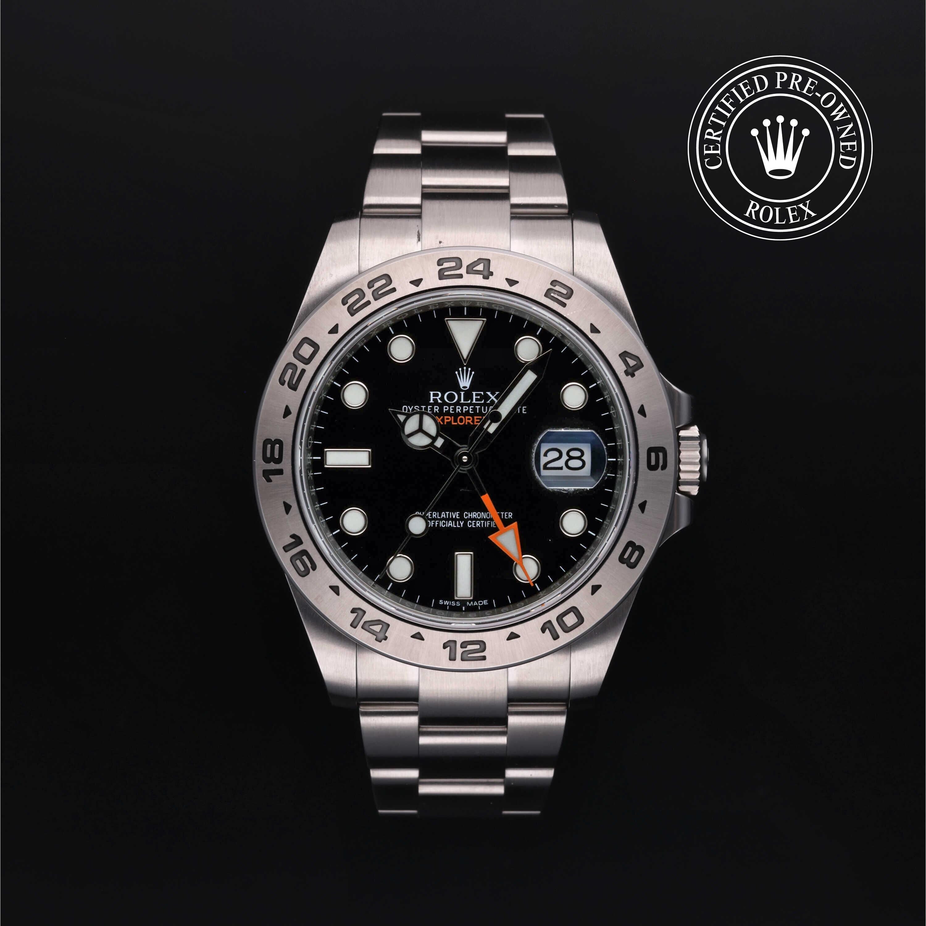 Rolex Certified Pre-owned Explorer M216570-0002 front on black background