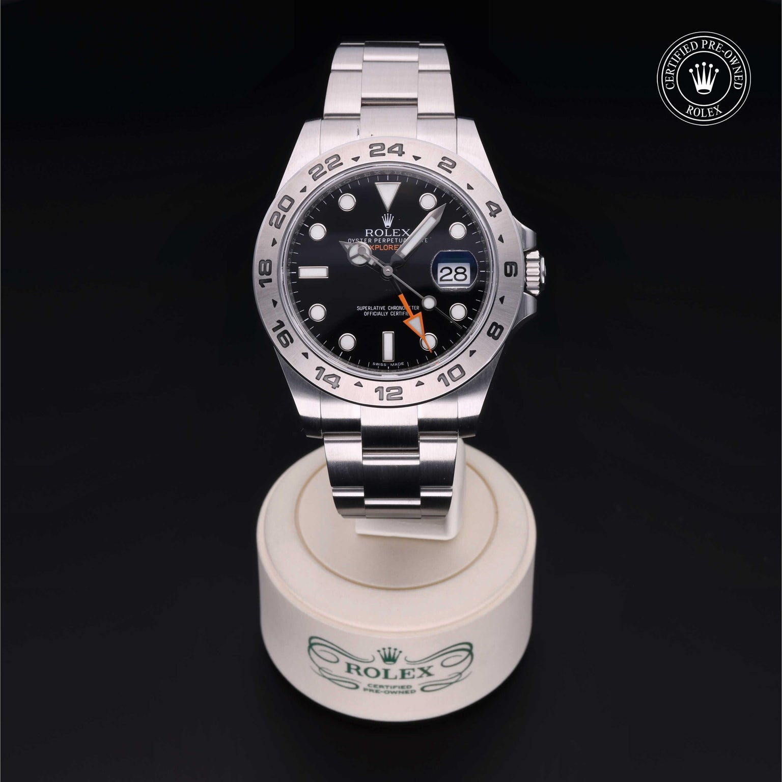 Rolex Certified Pre-owned Explorer M216570-0002 front on black background