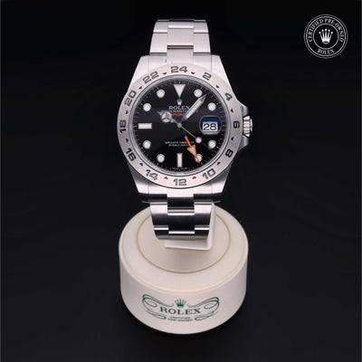 Rolex Certified Pre-owned Explorer M216570-0002 front on black background