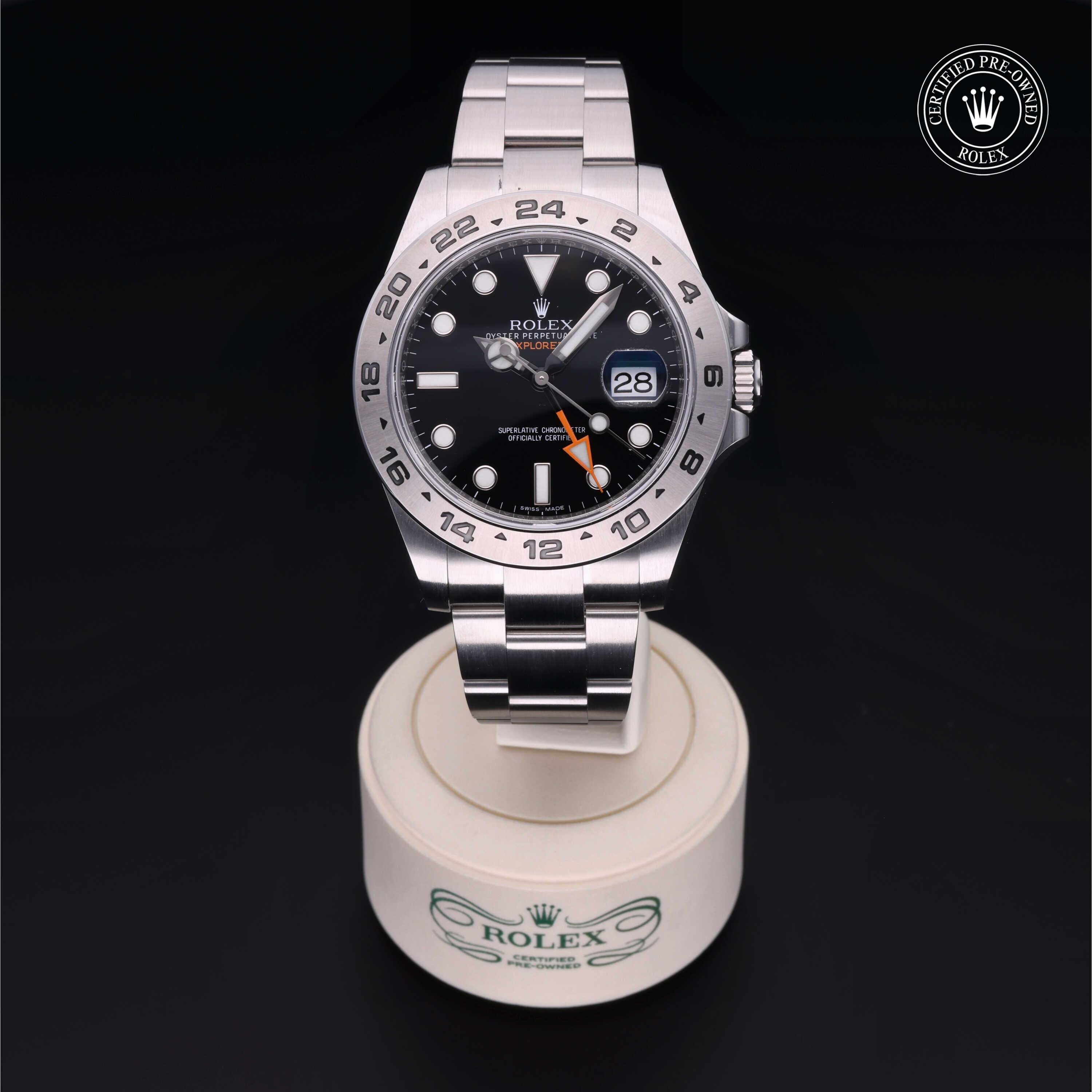 Rolex Certified Pre-owned Explorer M216570-0002 front on black background