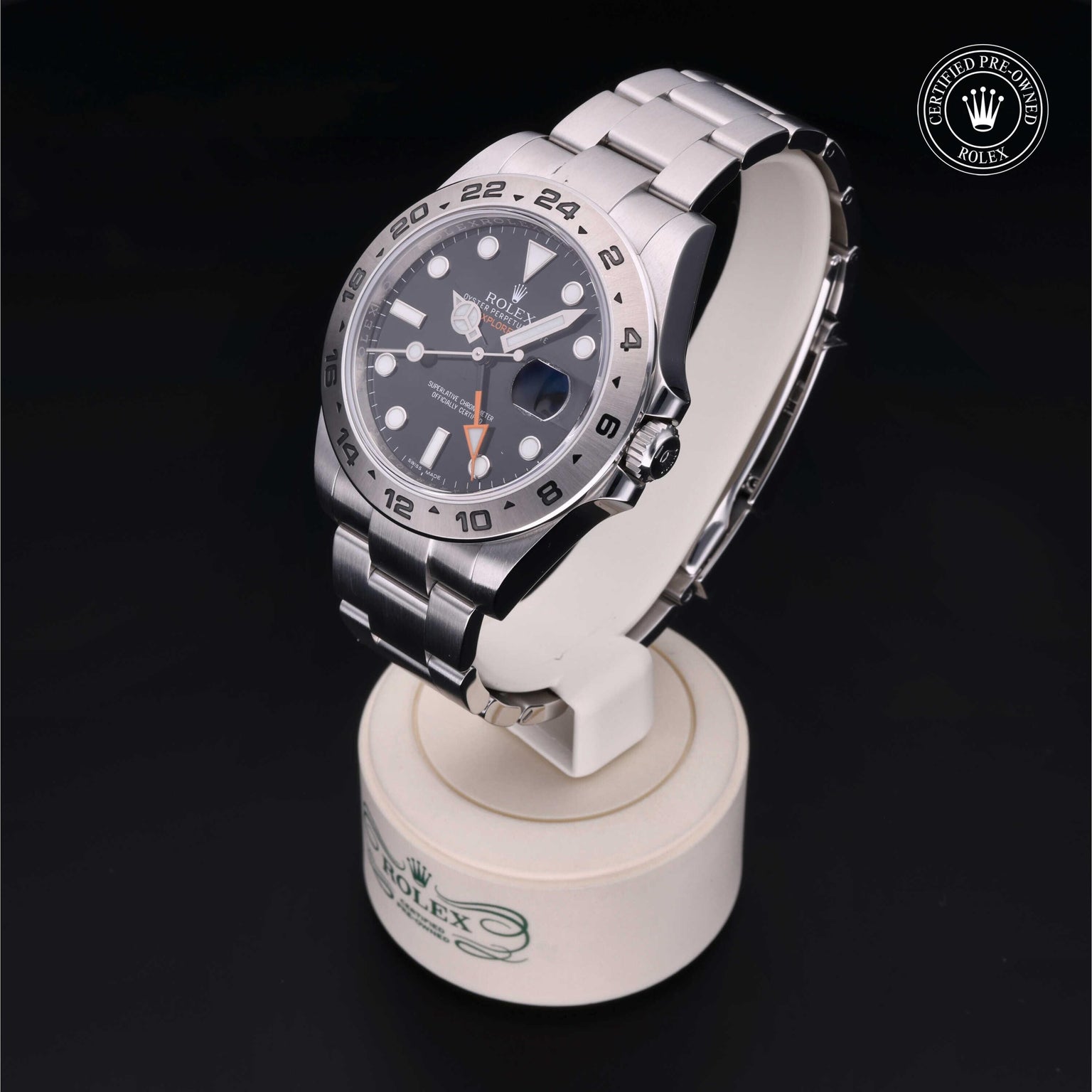 Rolex Certified Pre-owned Explorer M216570-0002 front on black background