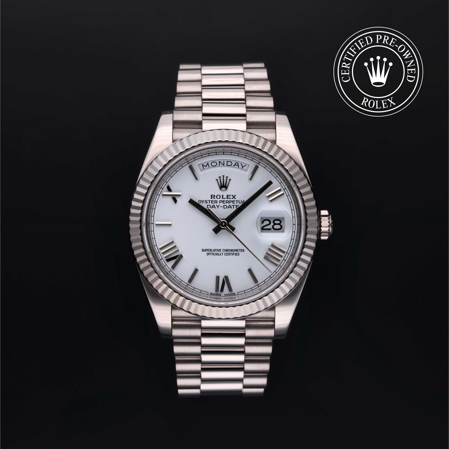 Rolex Certified Pre-owned Day-date M228239-0046 front on black background