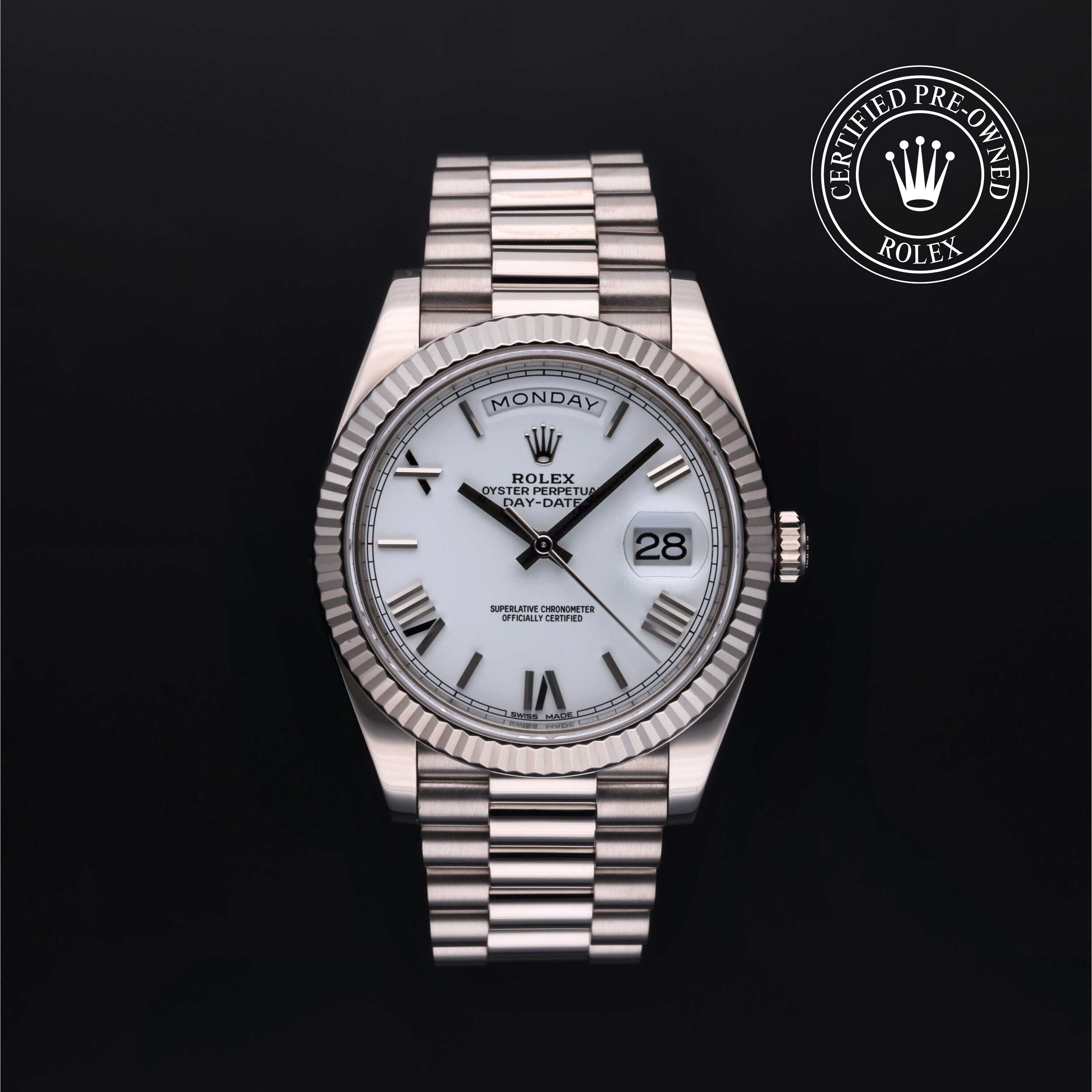 Rolex Certified Pre-owned Day-date M228239-0046 front on black background
