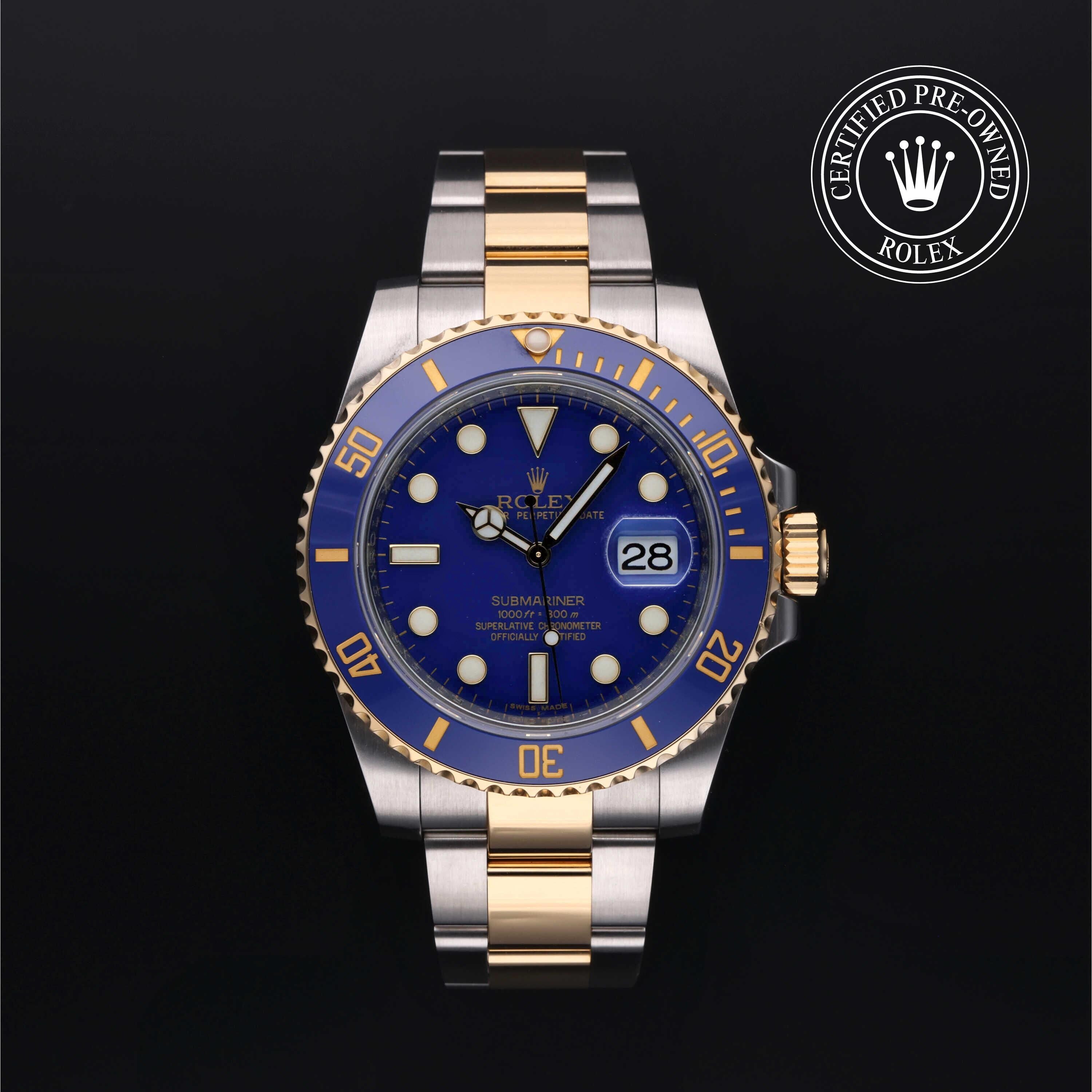 Rolex Certified Pre-owned Submariner M116613LB-0001 front on black background