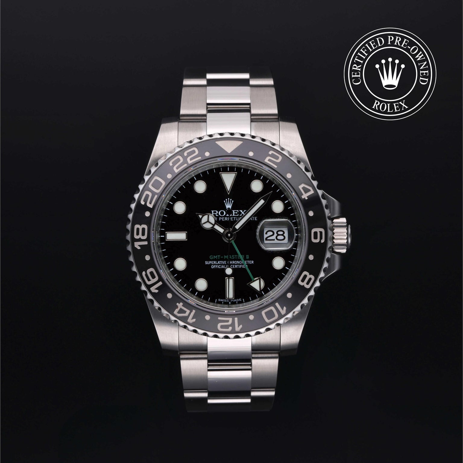 Rolex Certified Pre-owned GMT M116710LN-0001 front on black background