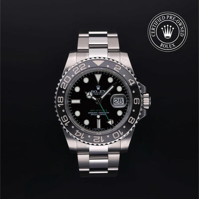 Rolex Certified Pre-owned GMT M116710LN-0001 front on black background