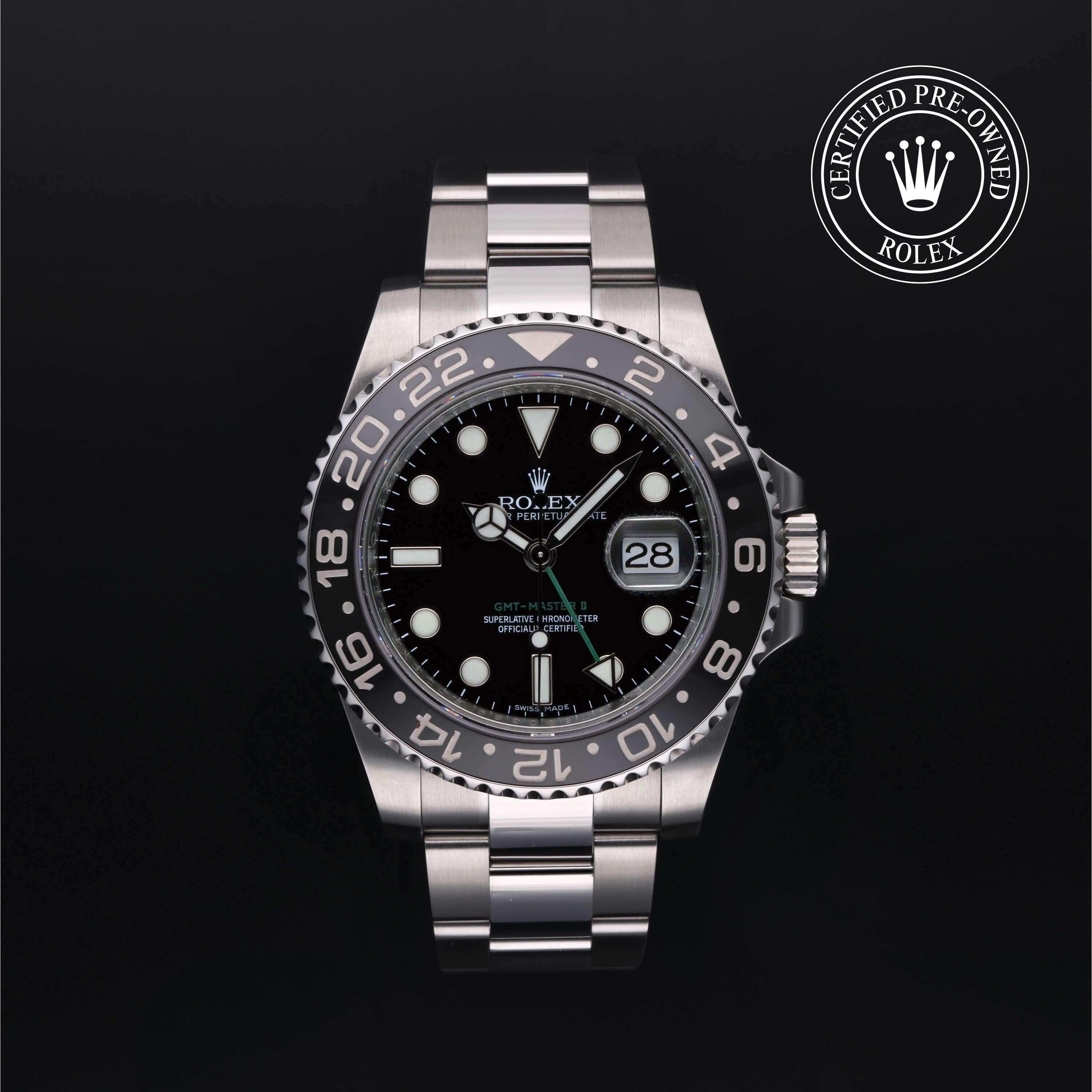 Rolex Certified Pre-owned GMT M116710LN-0001 front on black background