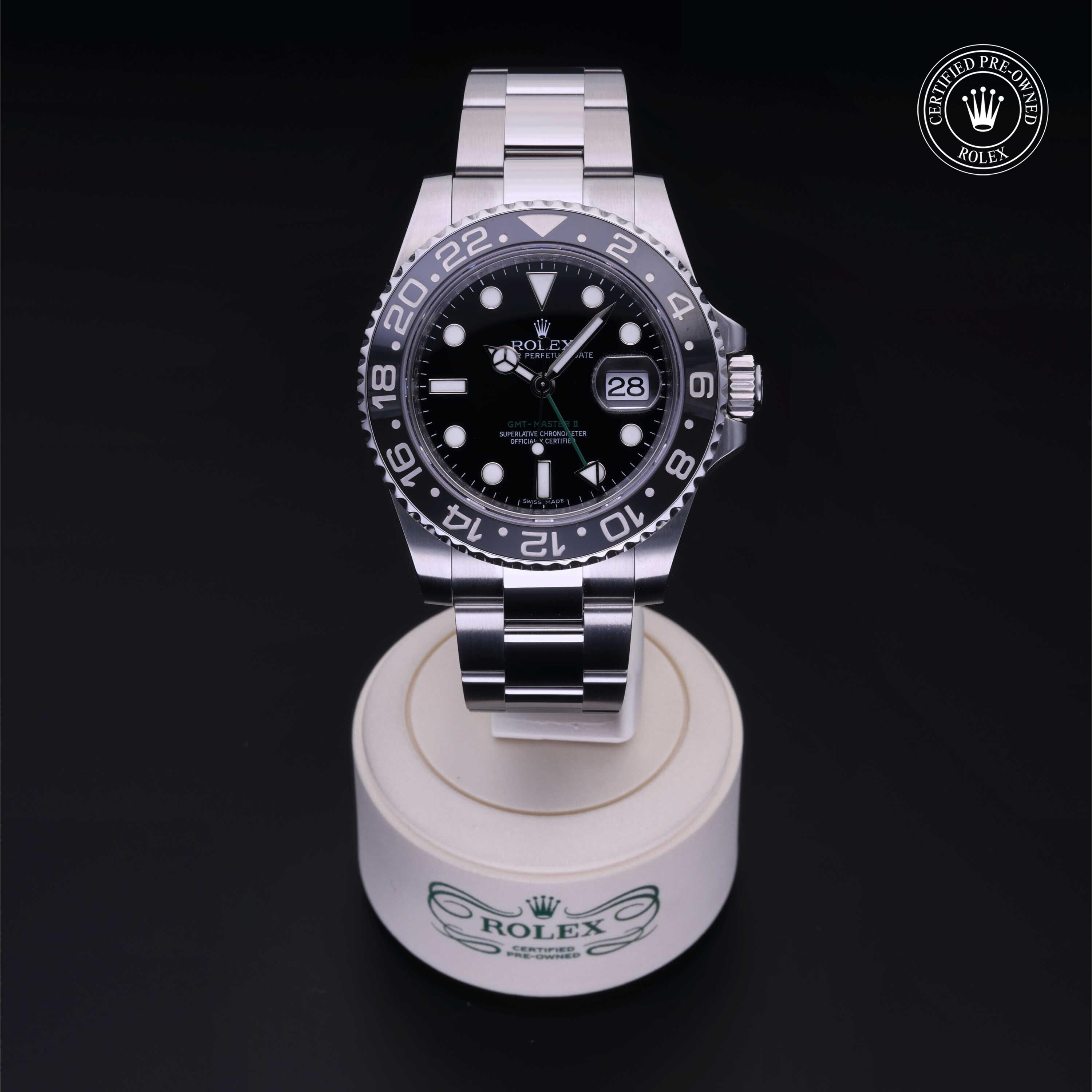 Rolex Certified Pre-owned GMT M116710LN-0001 front on black background