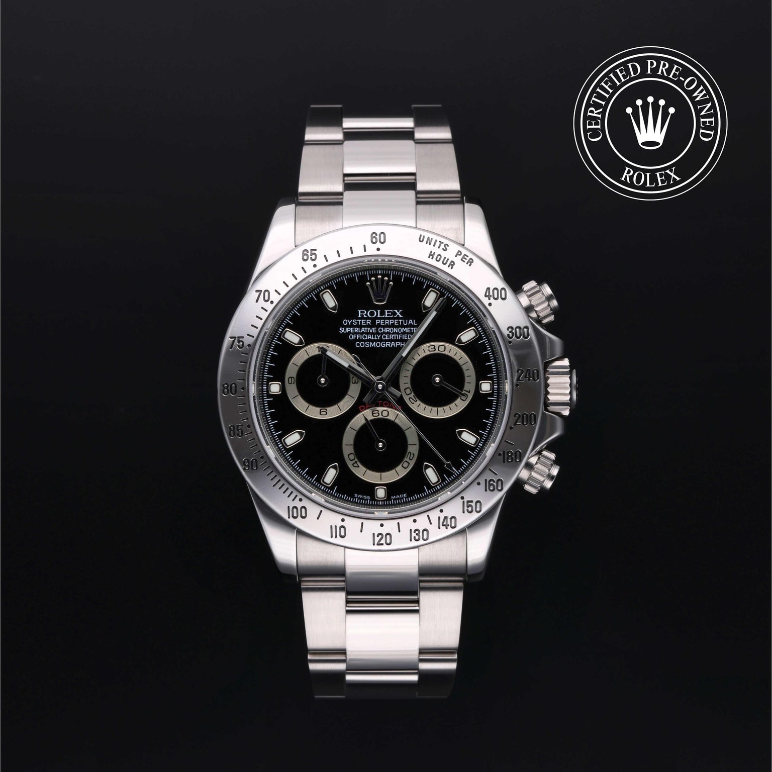 Rolex Certified Pre-owned Daytona M116520-0009 front on black background