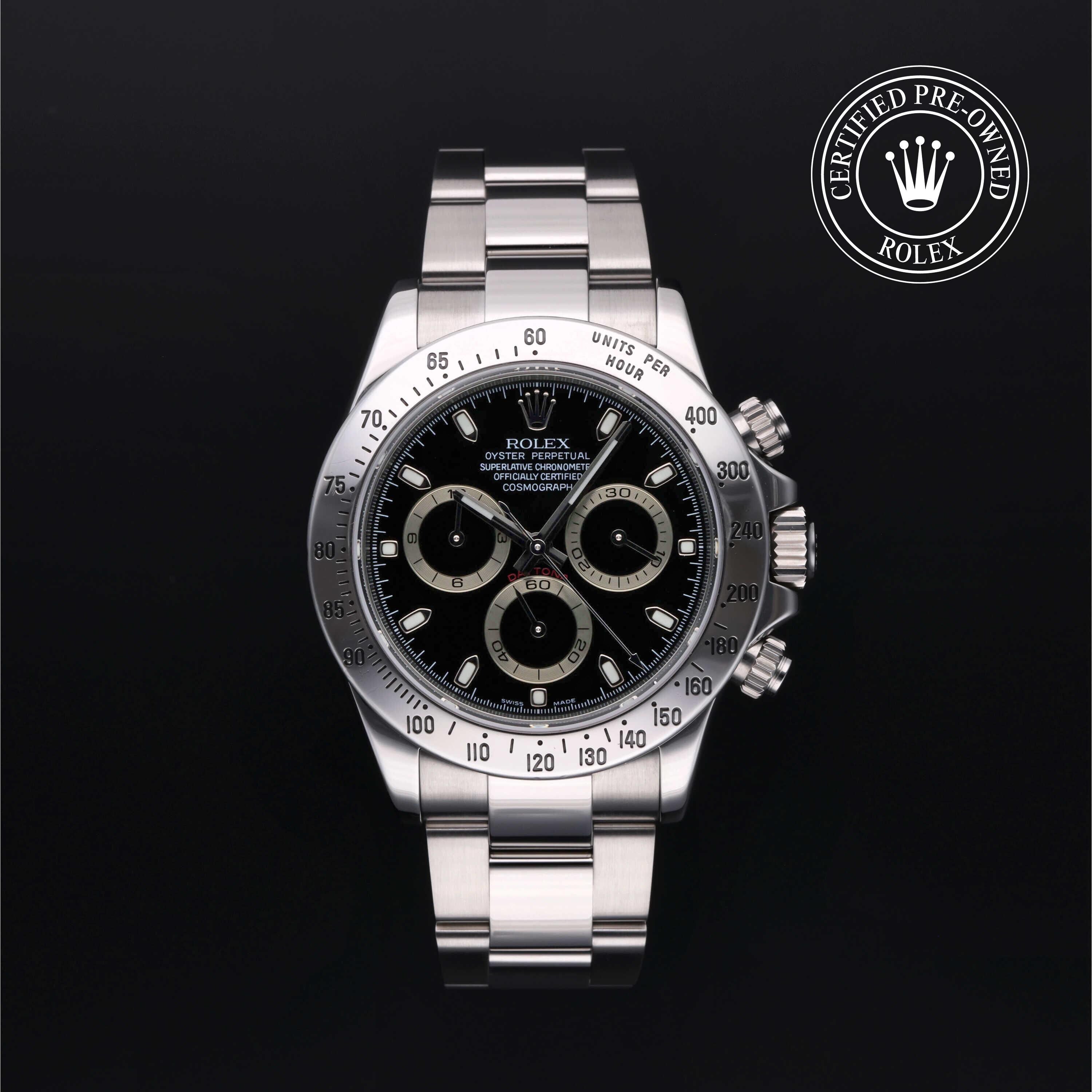 Rolex Certified Pre-owned Daytona M116520-0009 front on black background