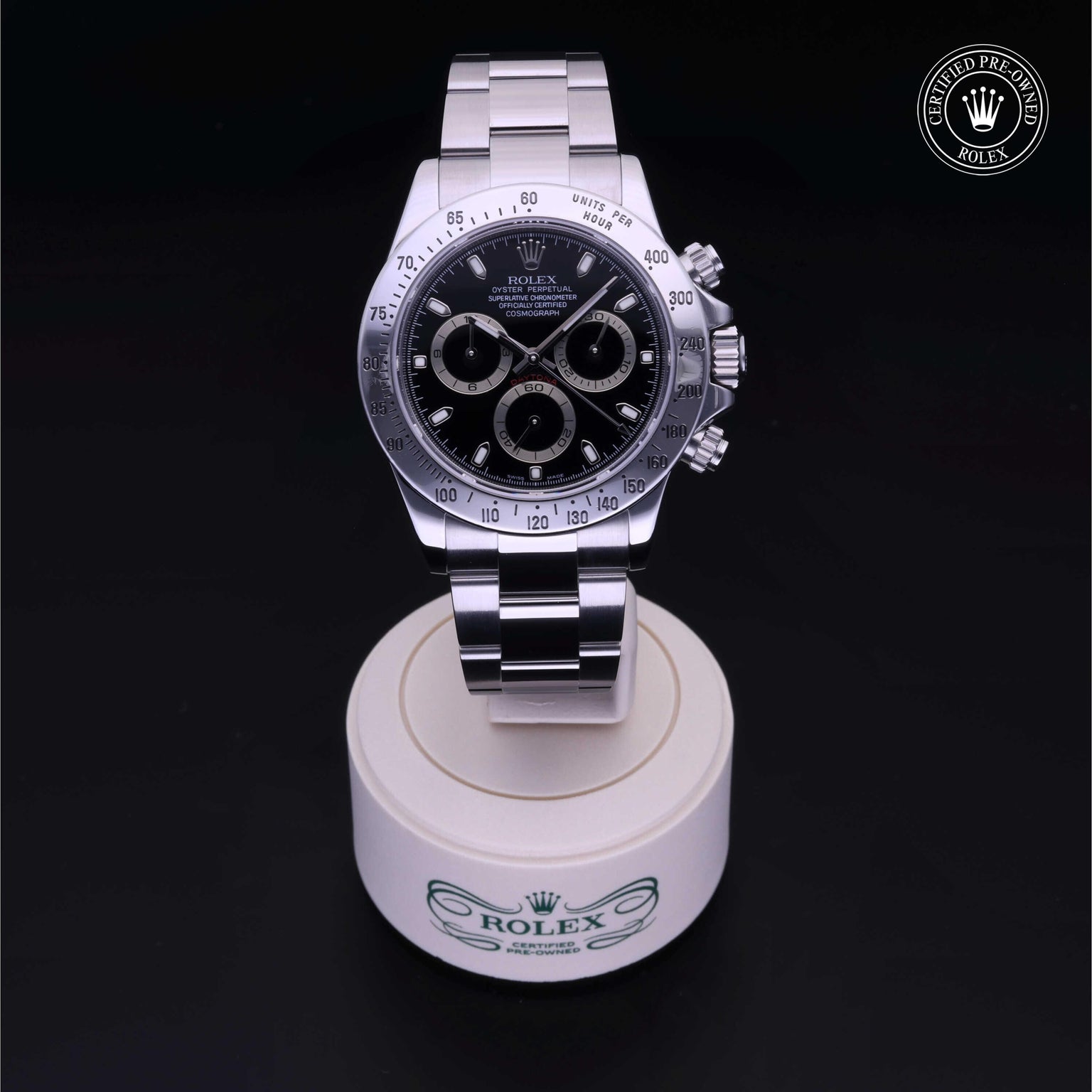 Rolex Certified Pre-owned Daytona M116520-0009 front on black background