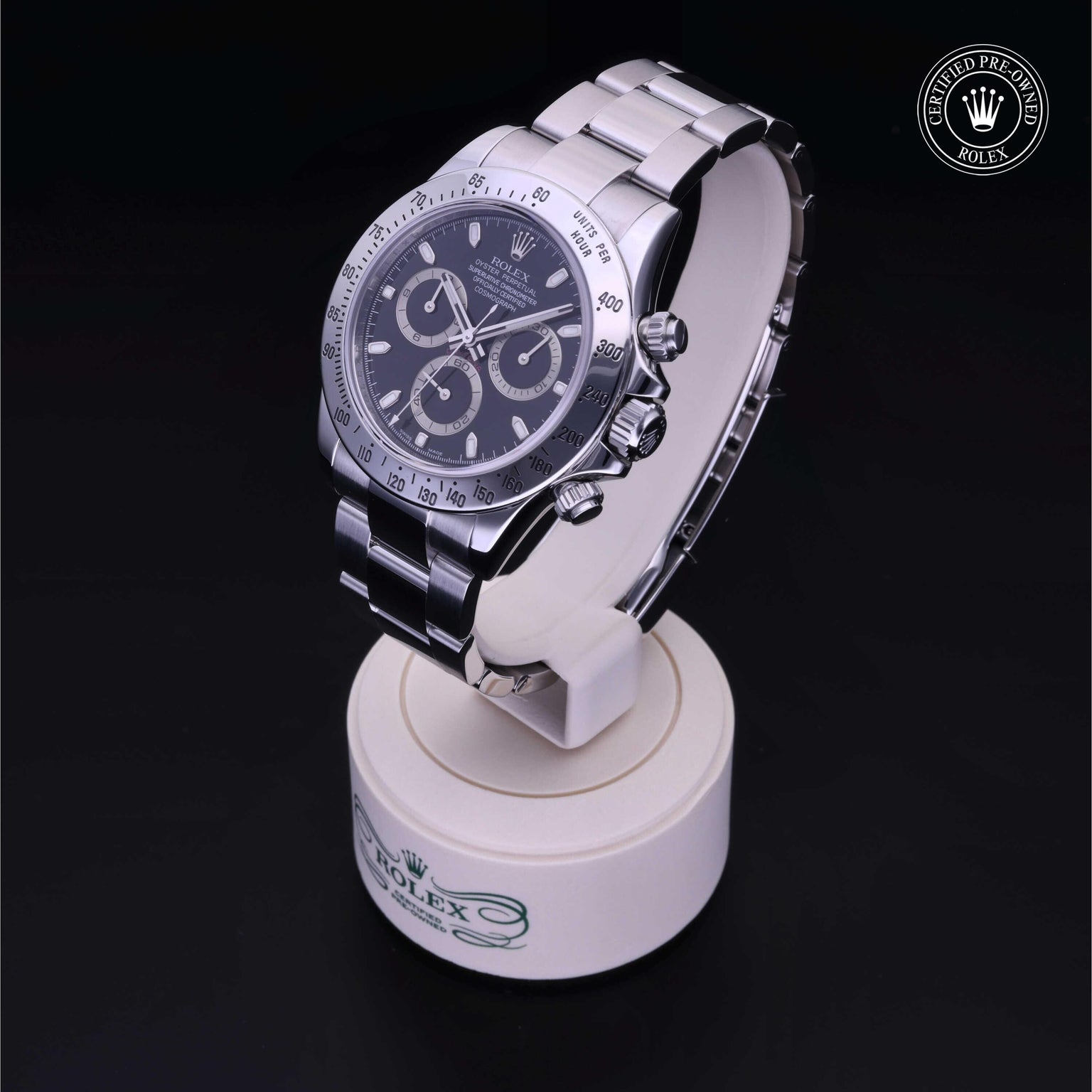 Rolex Certified Pre-owned Daytona M116520-0009 front on black background