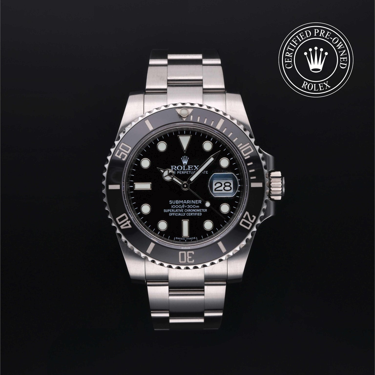 Rolex Certified Pre-owned Submariner M116610LN-0001 front on black background