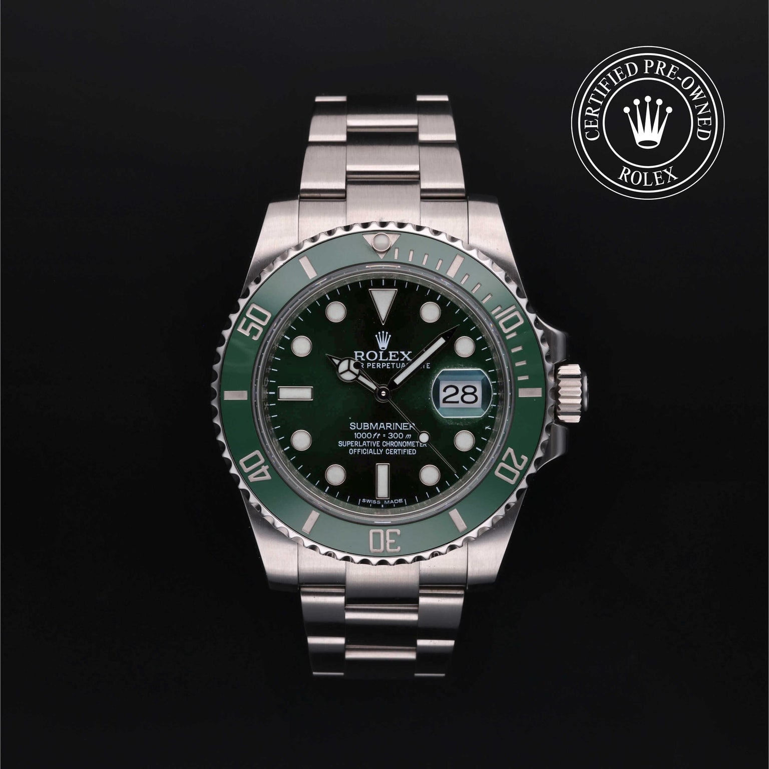 Rolex Certified Pre-owned Submariner M116610LV-0002 front on black background