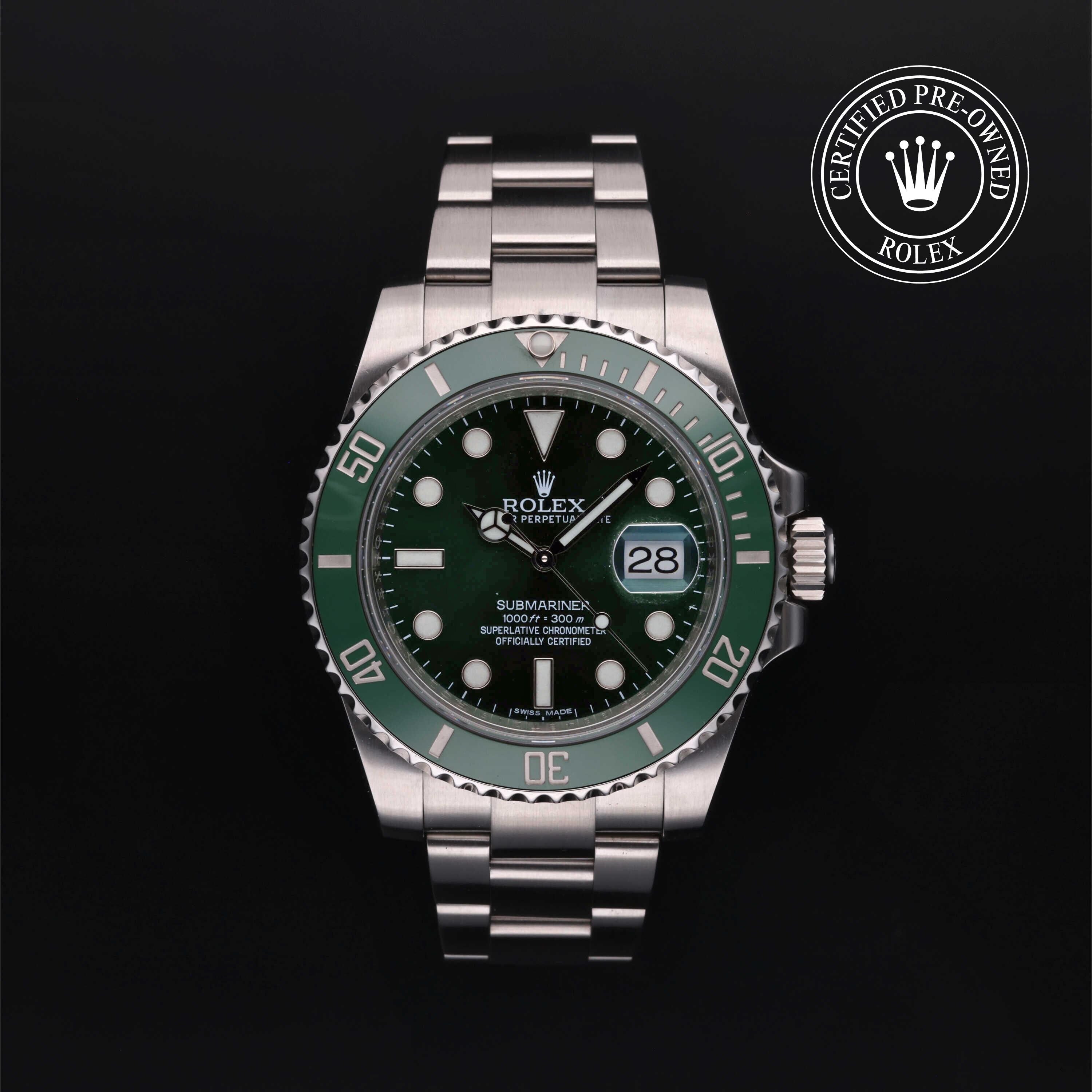Rolex Certified Pre-owned Submariner M116610LV-0002 front on black background