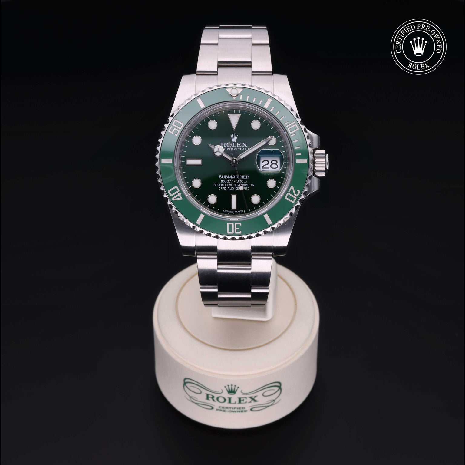 Rolex Certified Pre-owned Submariner M116610LV-0002 front on black background
