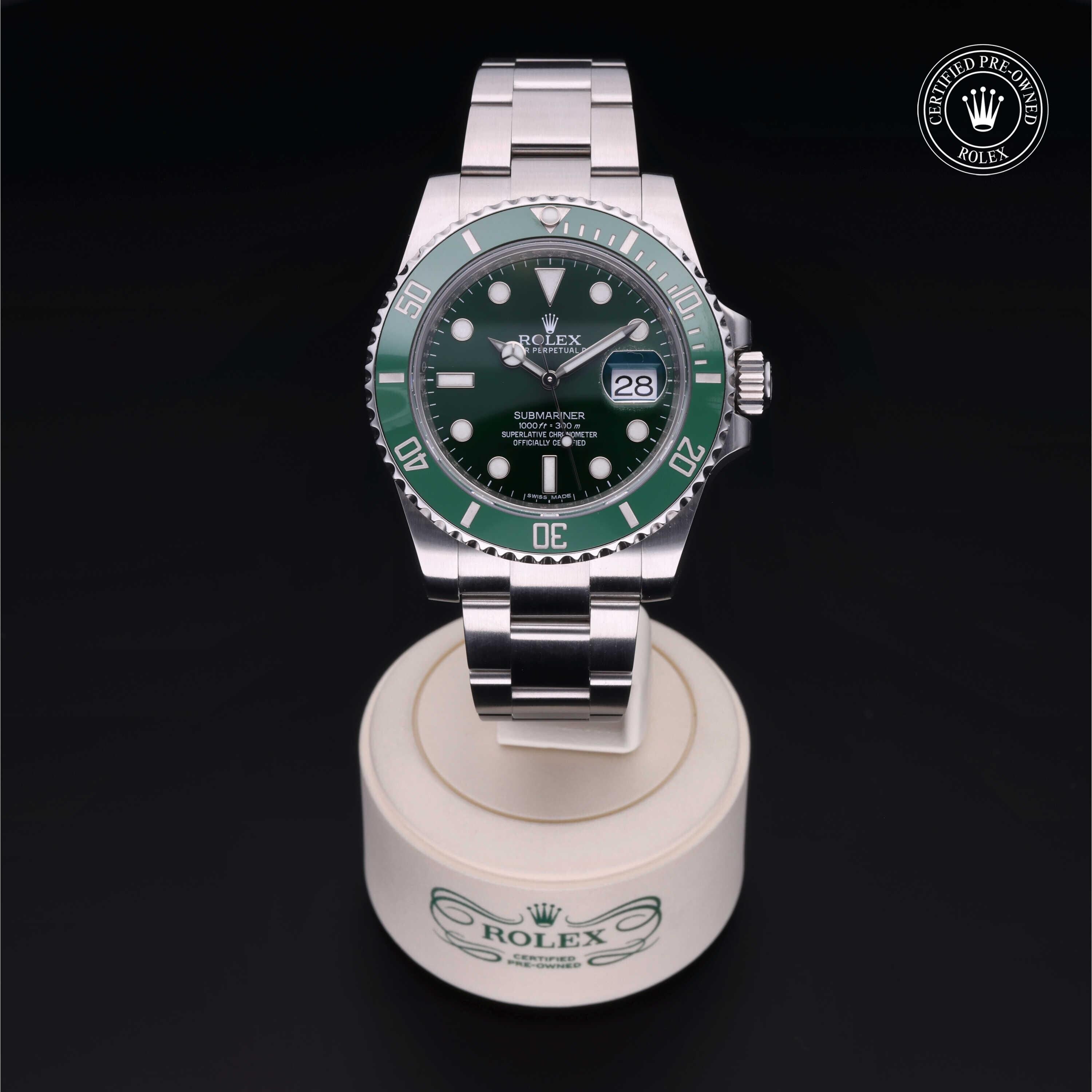 Rolex Certified Pre-owned Submariner M116610LV-0002 front on black background
