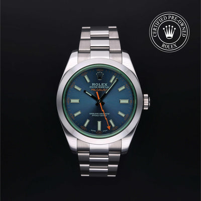 Rolex Certified Pre-owned Milgauss M116400GV-0002 front on black background