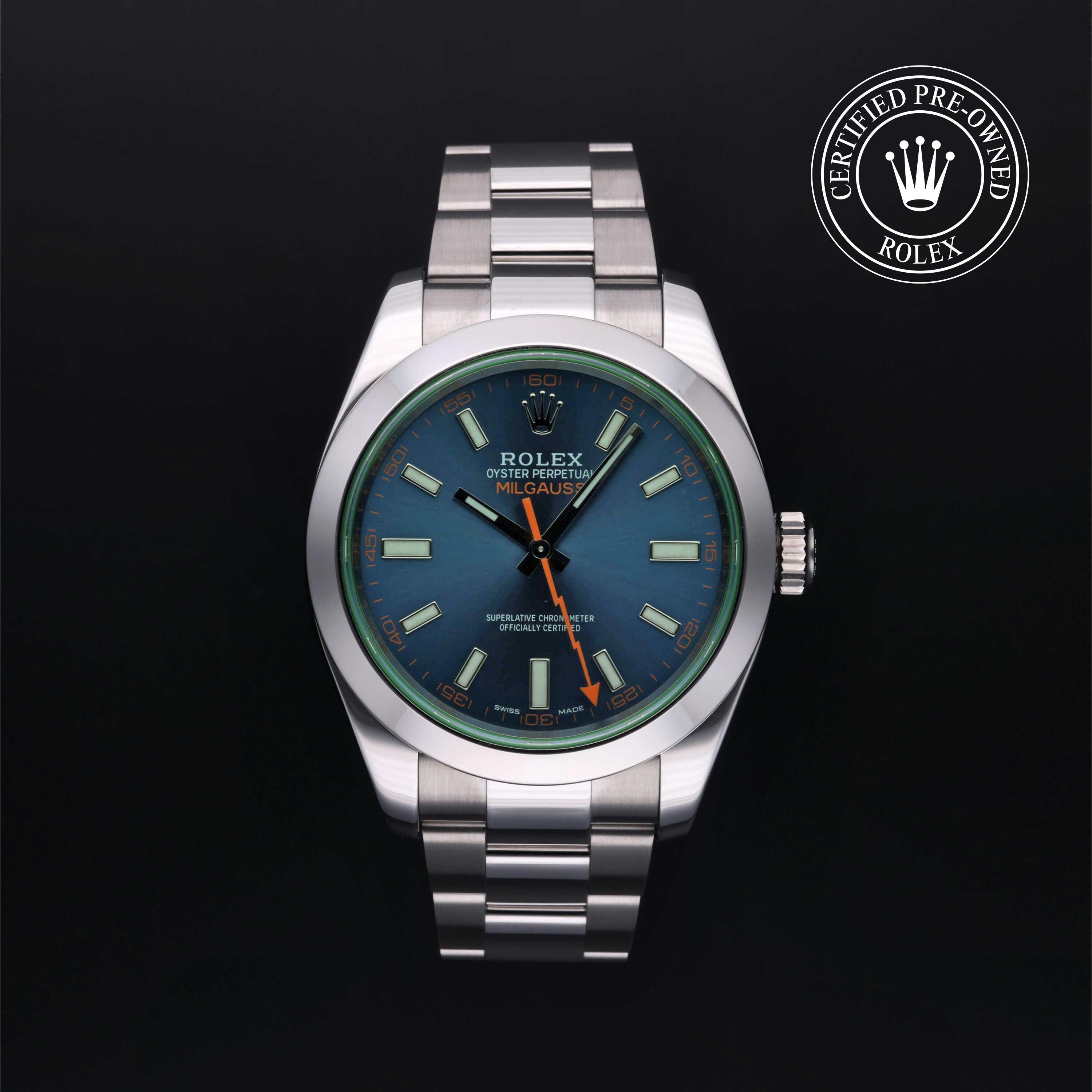 Rolex Certified Pre-owned Milgauss M116400GV-0002 front on black background
