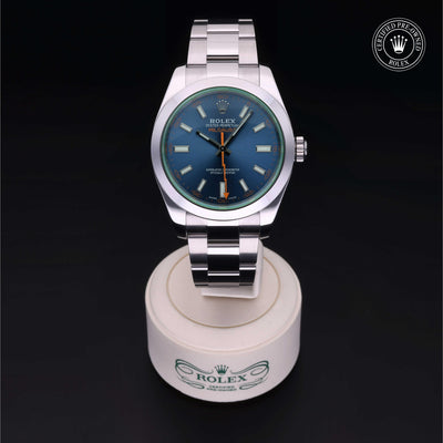 Rolex Certified Pre-owned Milgauss M116400GV-0002 front on black background