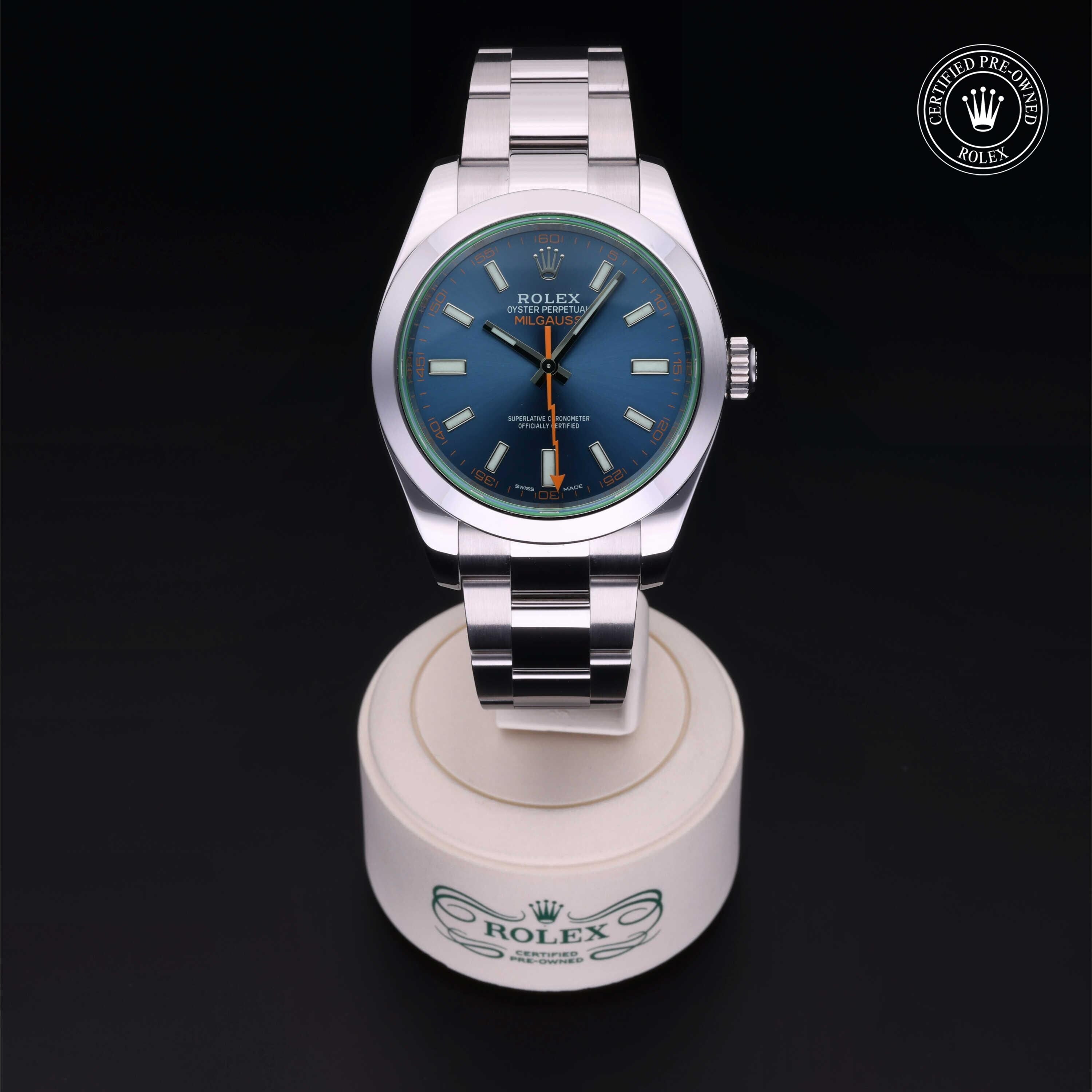 Rolex Certified Pre-owned Milgauss M116400GV-0002 front on black background