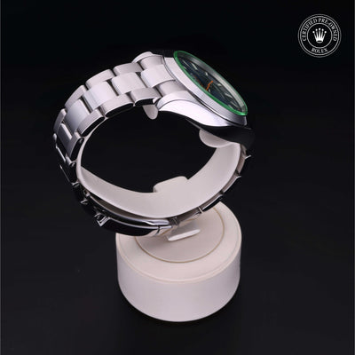 Rolex Certified Pre-owned Milgauss M116400GV-0002 front on black background