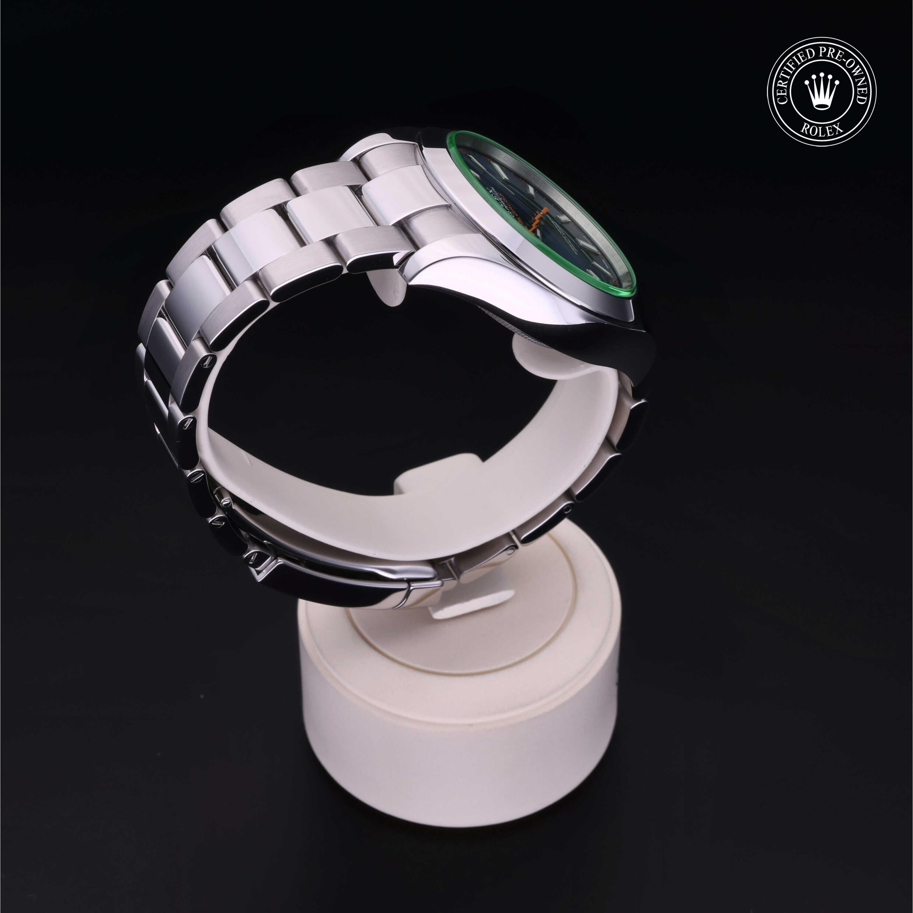 Rolex Certified Pre-owned Milgauss M116400GV-0002 front on black background