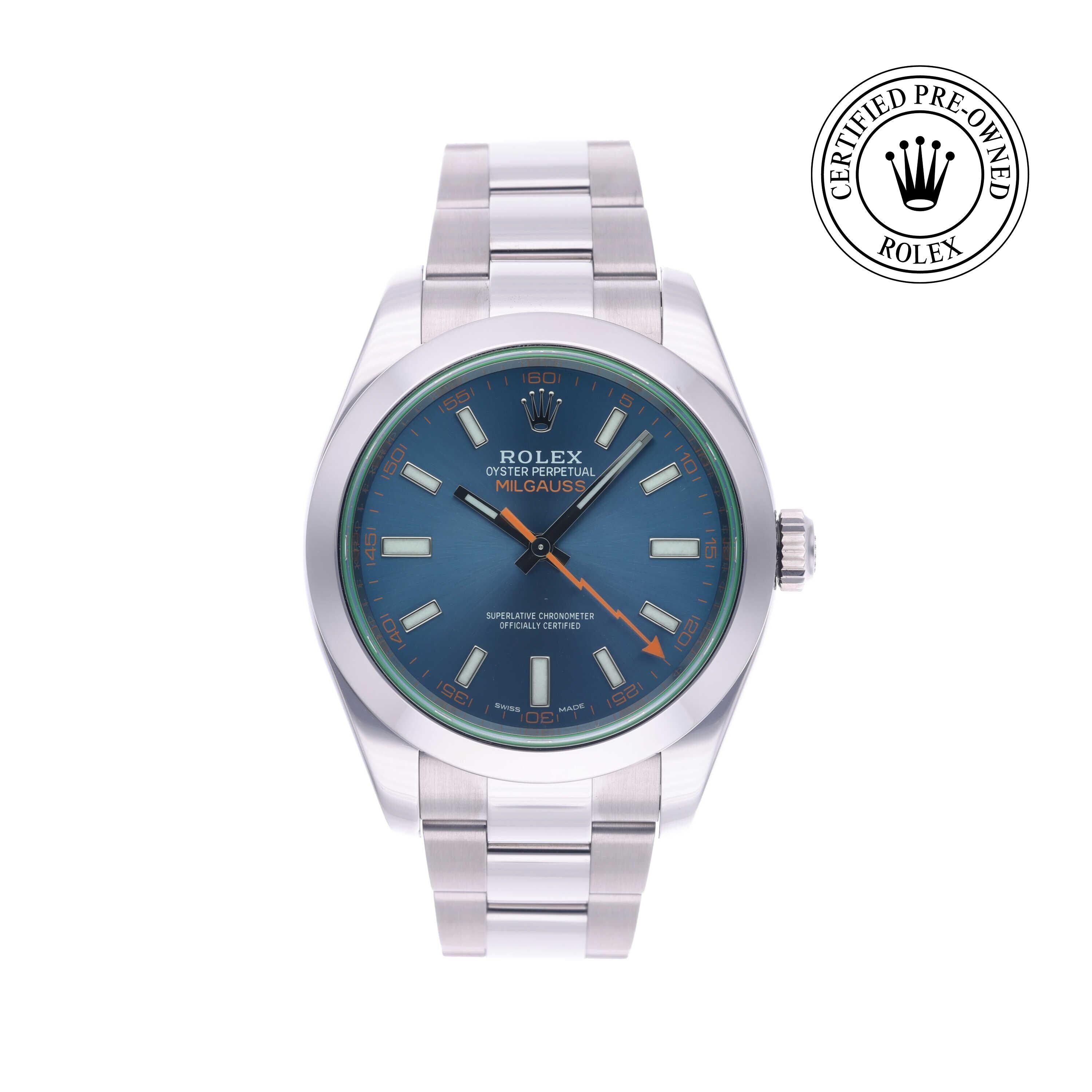Rolex Certified Pre-owned Milgauss M116400GV-0002 front on white background