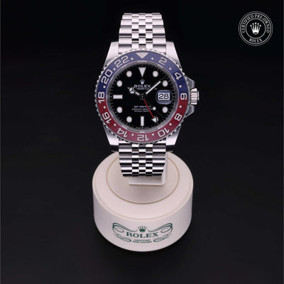 Rolex Certified Pre-owned GMT M126710BLRO-0001 front on black background