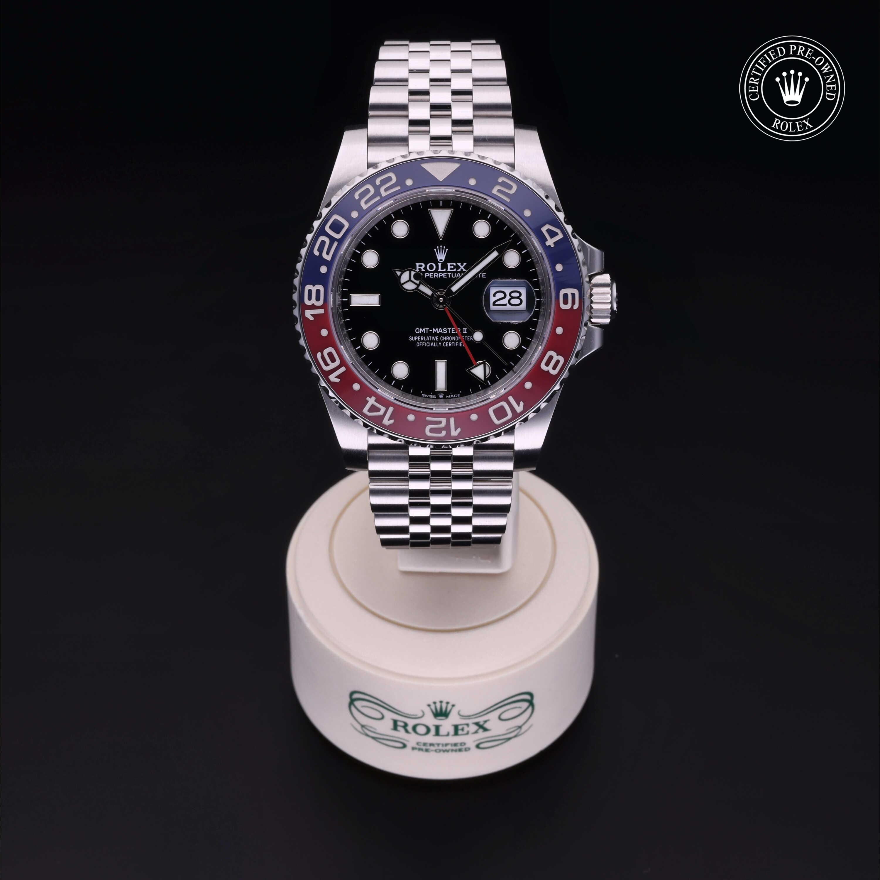 Rolex Certified Pre-owned GMT M126710BLRO-0001 front on black background