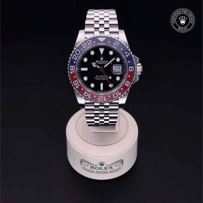 Rolex Certified Pre-owned GMT M126710BLRO-0001 front on black background