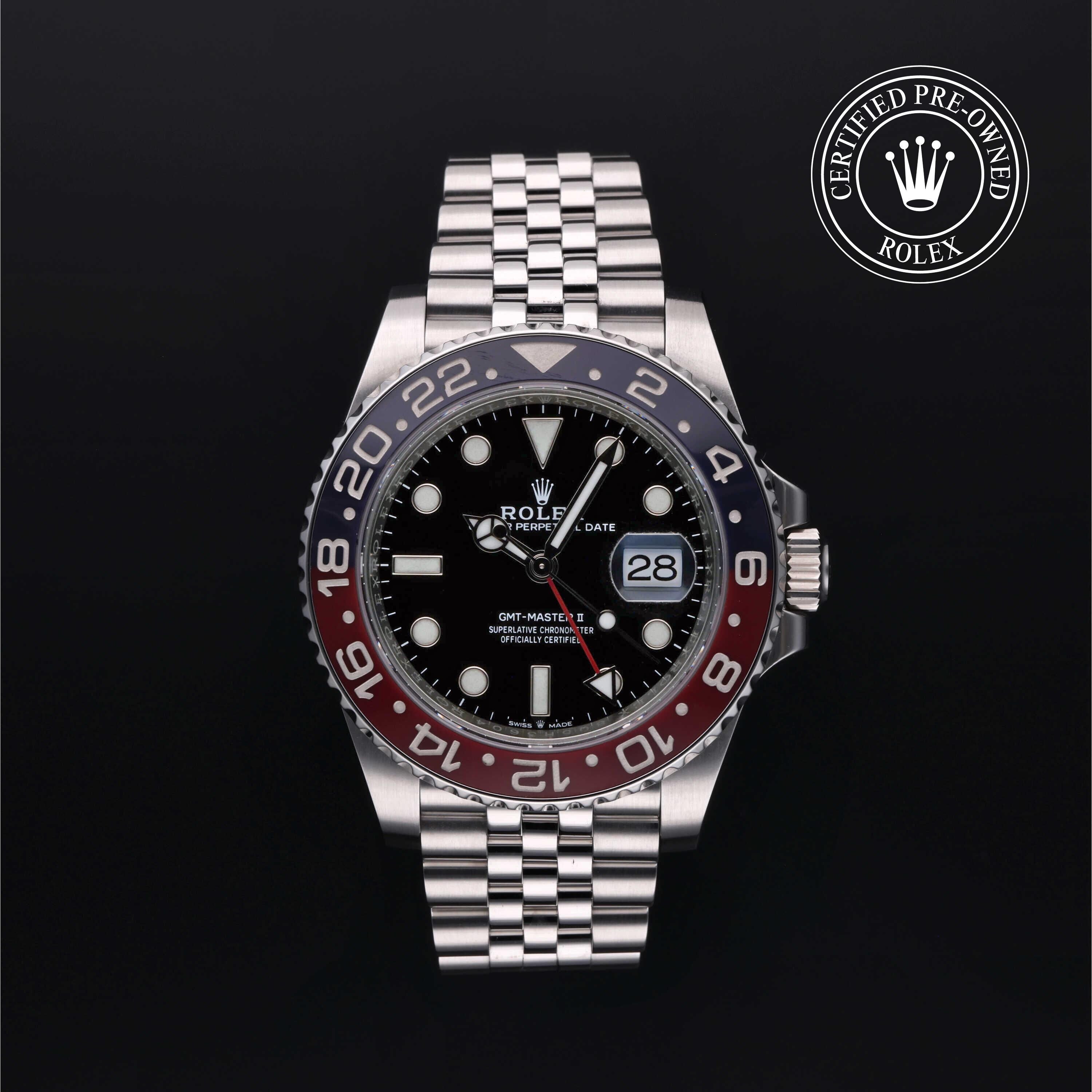 Rolex Certified Pre-owned GMT M126710BLRO-0001 front on black background