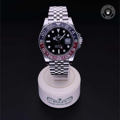 Rolex Certified Pre-owned GMT M126710BLRO-0001 front on black background