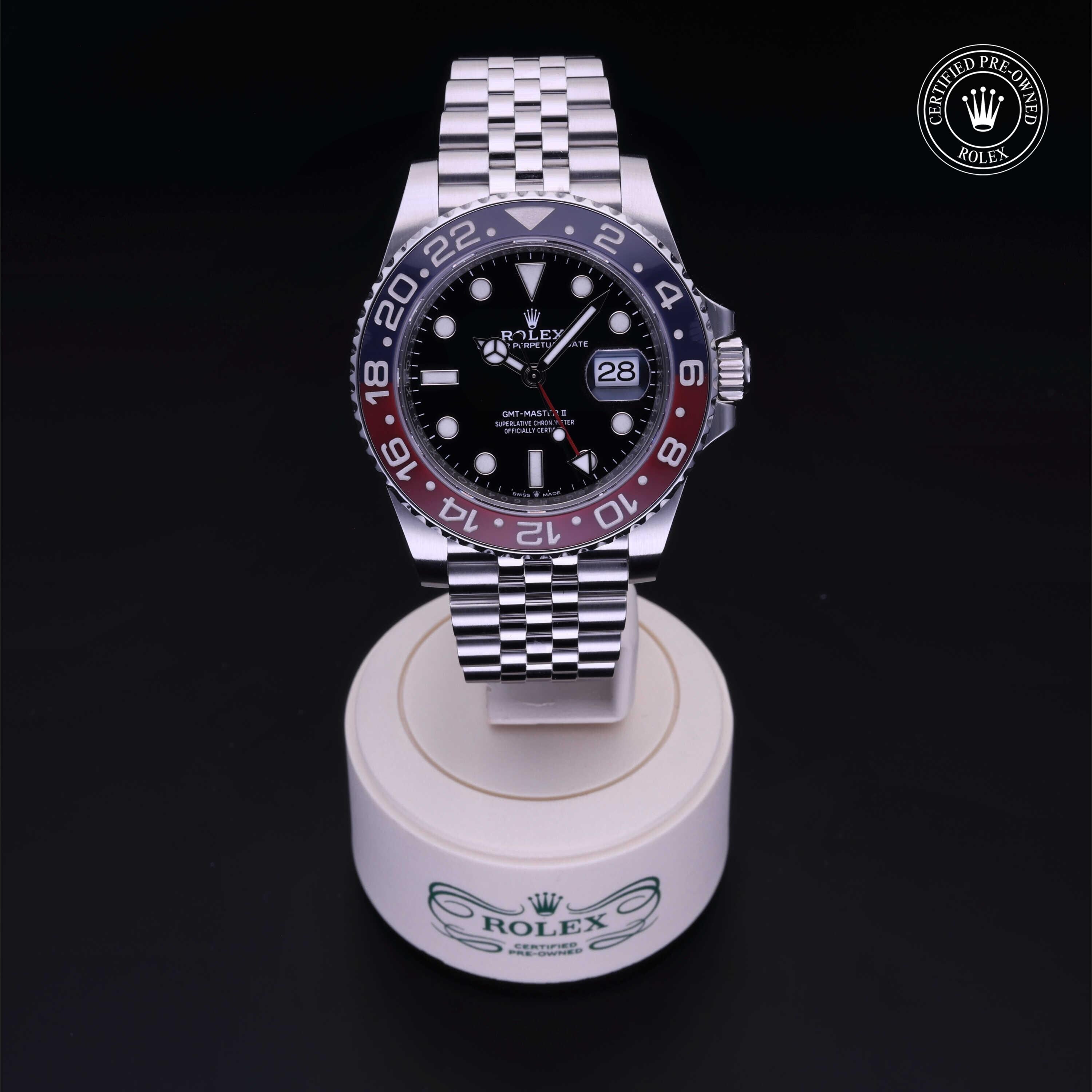 Rolex Certified Pre-owned GMT M126710BLRO-0001 front on black background