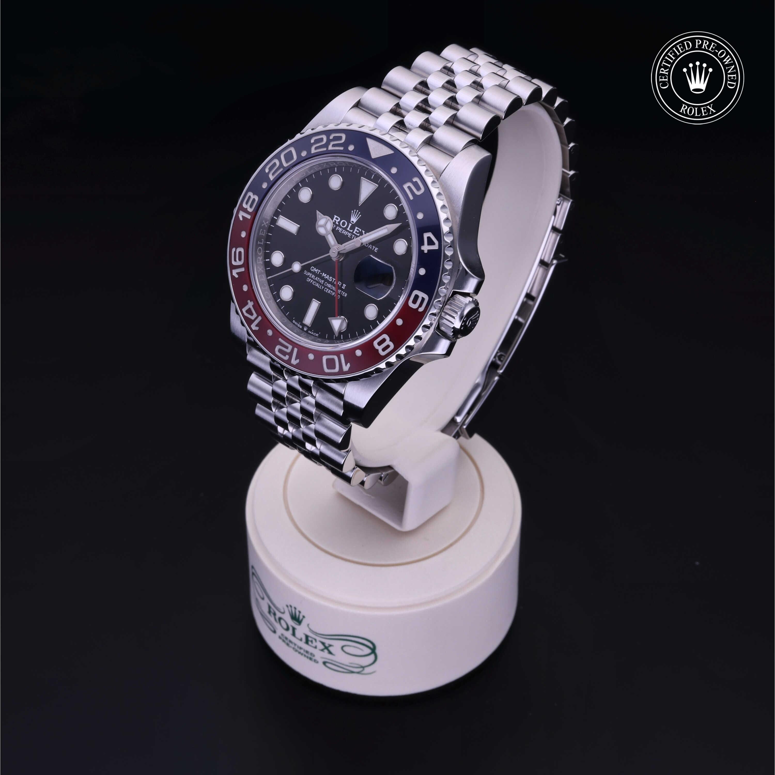 Rolex Certified Pre-owned GMT M126710BLRO-0001 front on black background