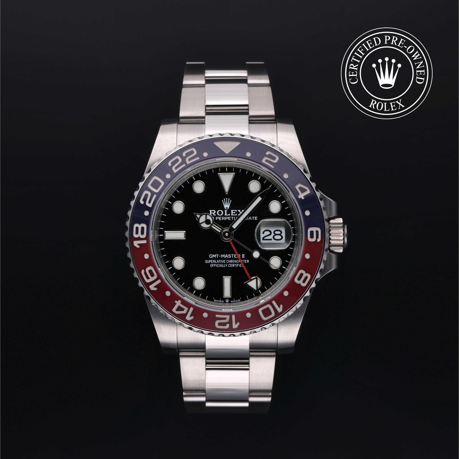 Rolex Certified Pre-owned GMT M126710BLRO-0002 front on black background