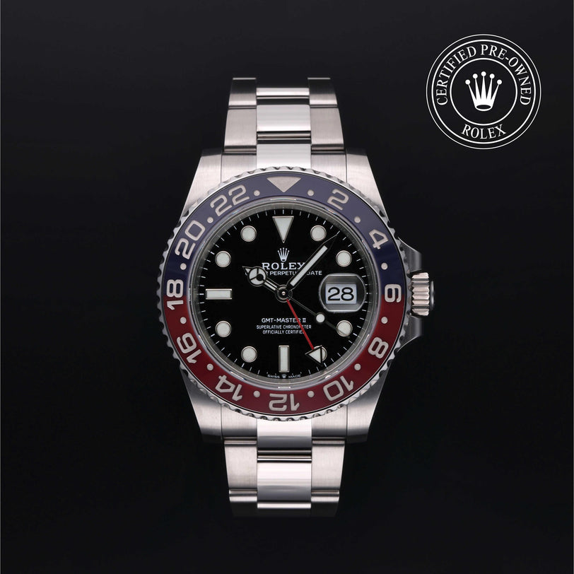 Rolex Certified Pre-owned GMT M126710BLRO-0002 front on black background