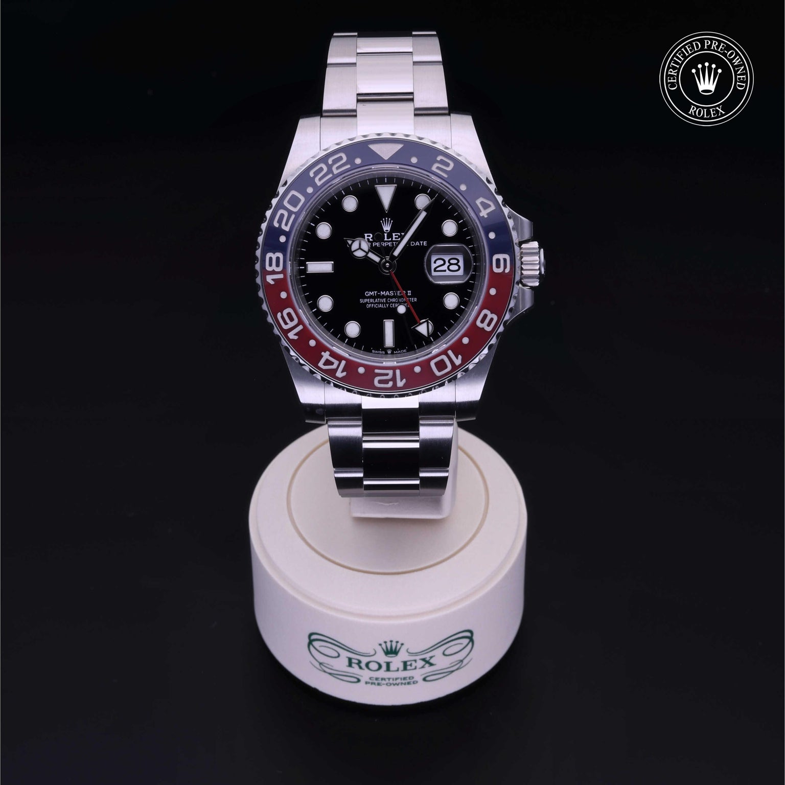 Rolex Certified Pre-owned GMT M126710BLRO-0002 front on black background