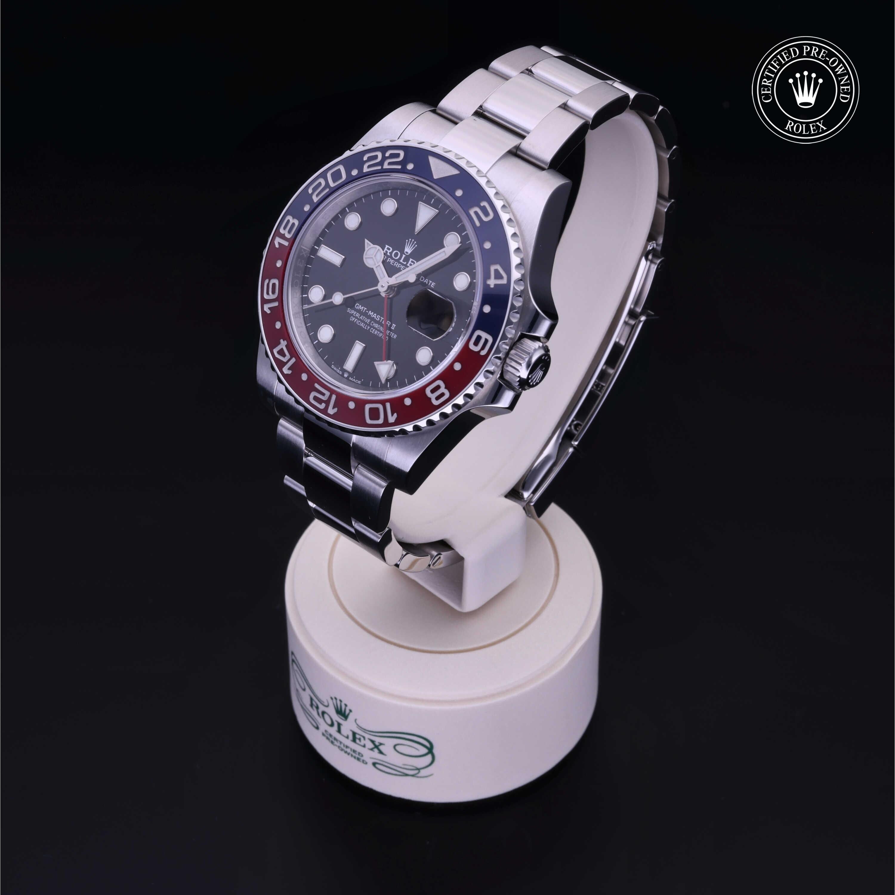 Rolex Certified Pre-owned GMT M126710BLRO-0002 front on black background