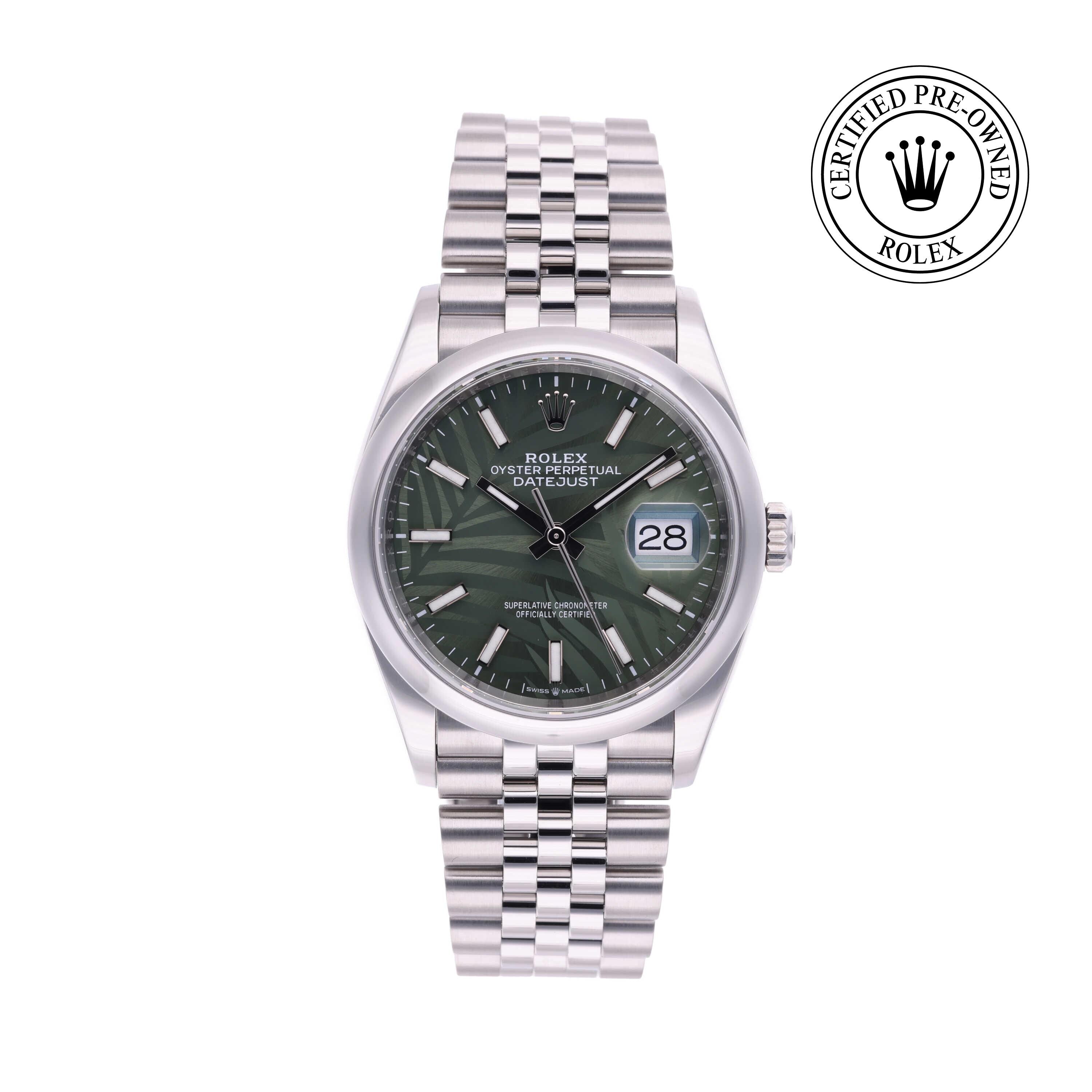 Rolex Certified Pre-owned Datejust M126200-0001 front on white background