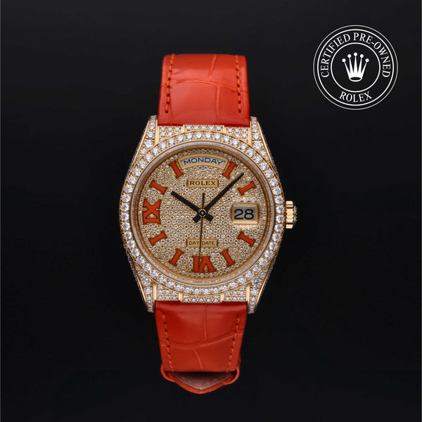Rolex Certified Pre-owned Day-date M128158RBR-0002 front on black background